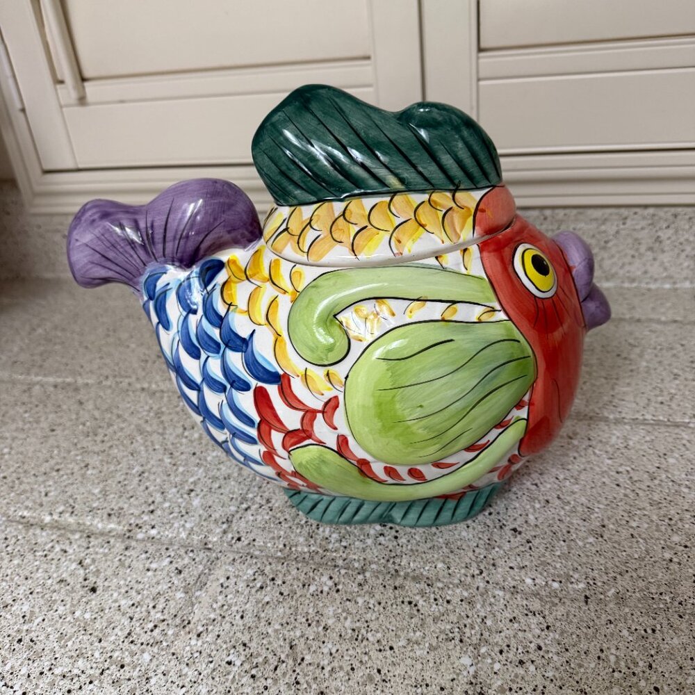 Vintage colorful koi fish ceramic cookie jar - Picture 4 of 10